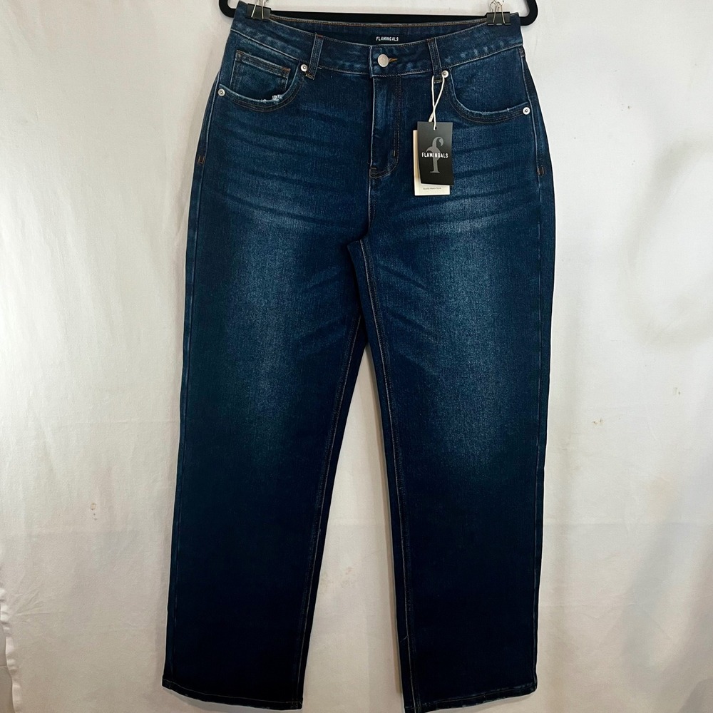 Flamingals Womens High Rise Straight Leg Jeans Dark Wash Distressed Denim NWT